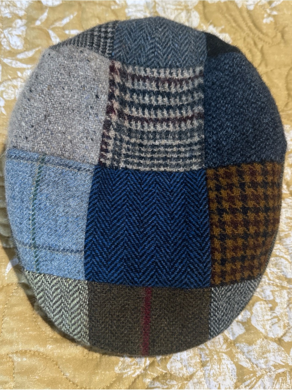 Patchwork Wool Flat Cap - Blue/Brown/Gray